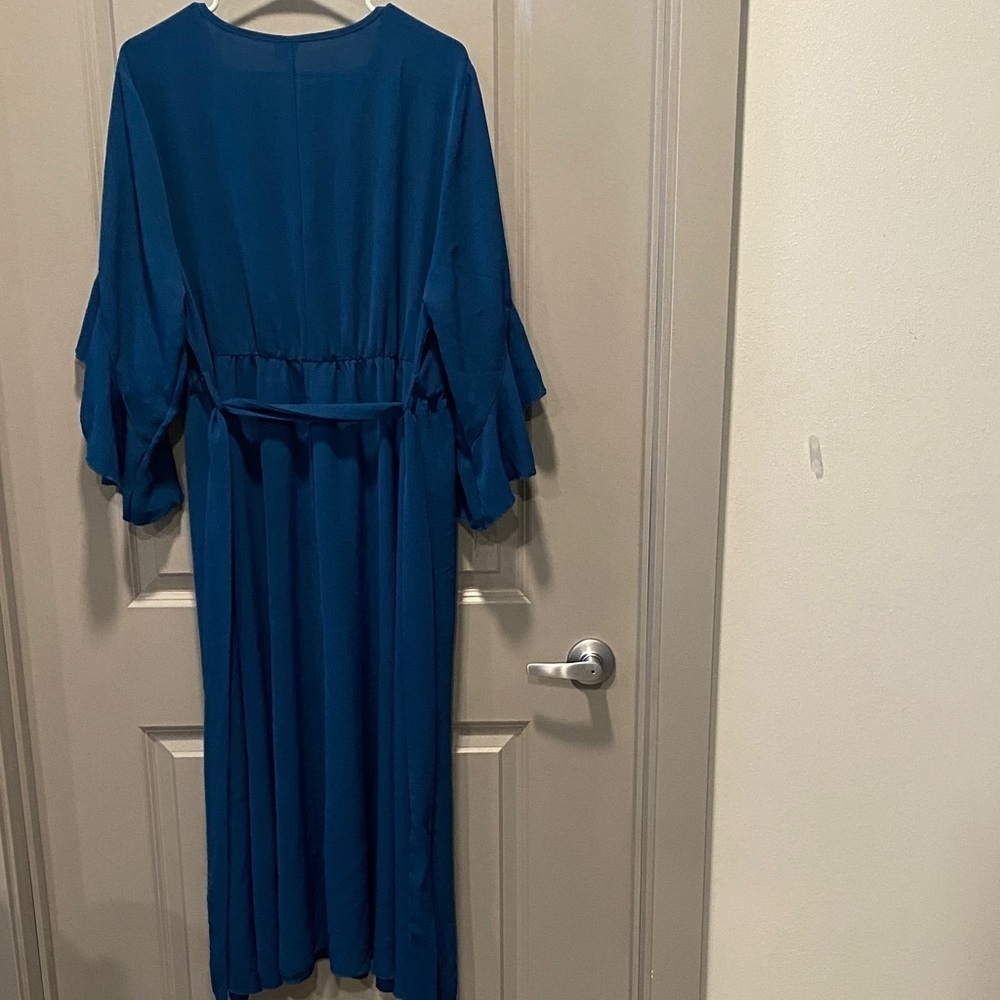 Deep Teal Wrap Midi Dress 2XL Wedding Guest Ruffle Sleeve Dress - Picture 9 of 11